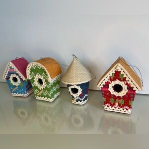 Vintage Birdhouse Xmas Tree Ornaments Set of 4 Colourful Handmade Embroidered